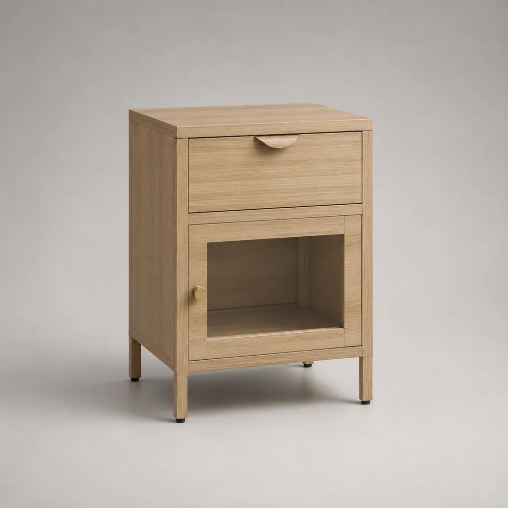 Comodino rettangolare in MDF impiallacciato rovere naturale con cassetto e anta in vetro, 45 × 35 × 65 cm