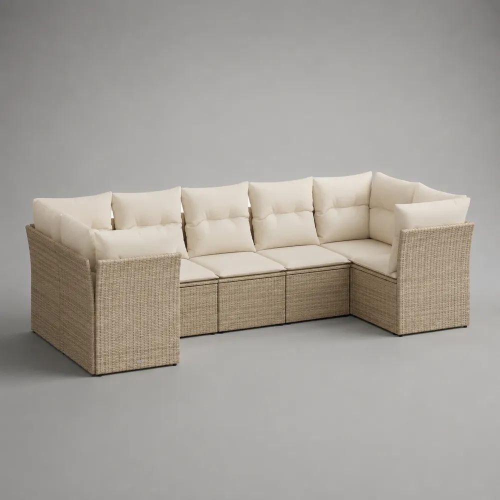 Divano angolare modulare da giardino a 5 posti beige e crema in rattan PE e acciaio, 260 × 180 × 85 cm
