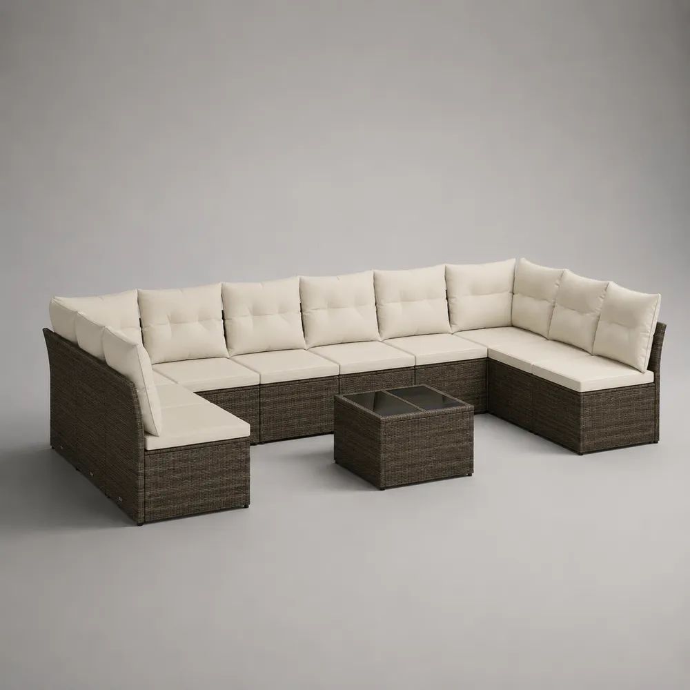 Set divano modulare da esterno a U 8 posti con tavolino in rattan PE marrone scuro e cuscini crema, 320 x 210 x 74 cm