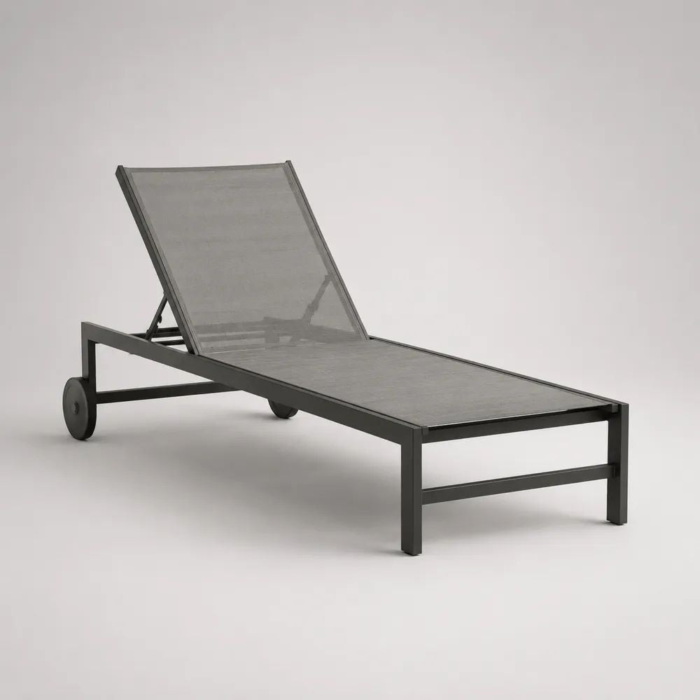 Lettino prendisole reclinabile da esterno con ruote, telaio in alluminio e textilene grigio/antracite, 198 x 65 x 95 cm