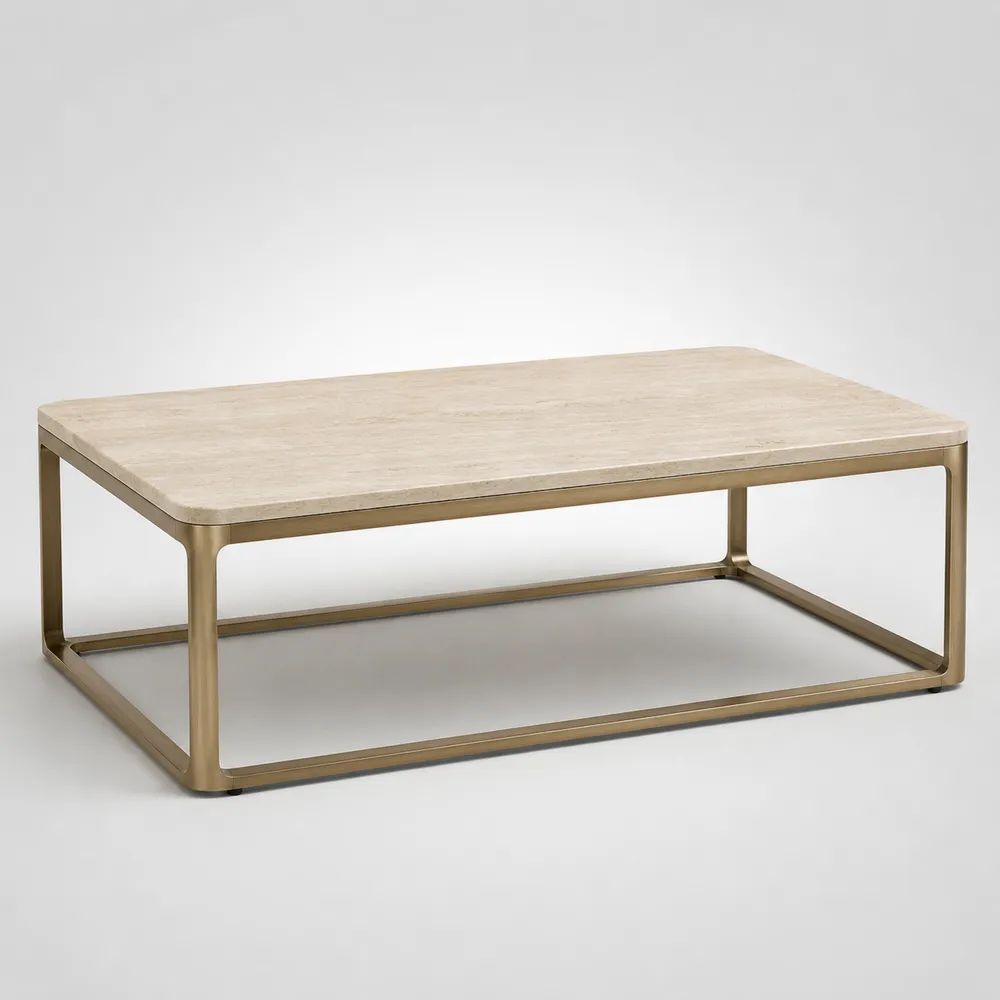 Tavolino da salotto rettangolare beige e ottone in travertino e acciaio, 110 x 60 x 40 cm