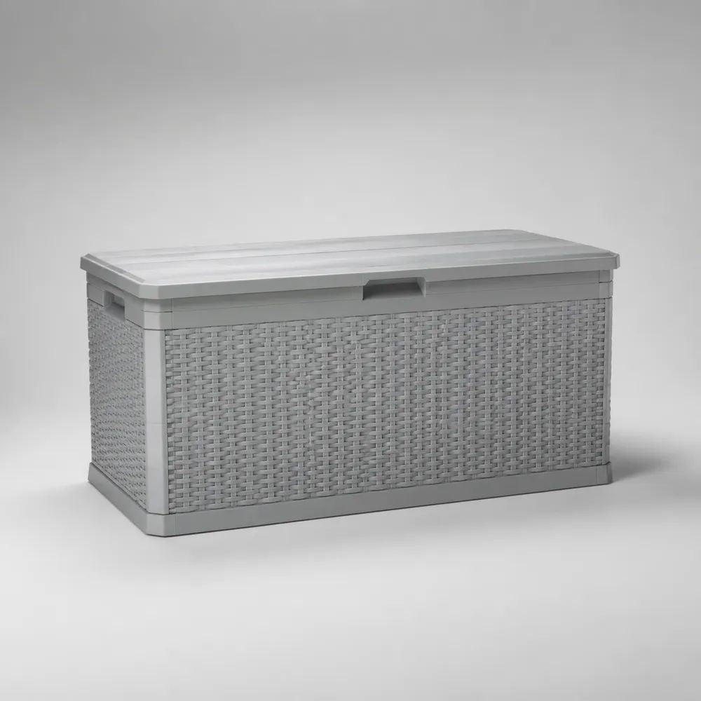 Baule portaoggetti da giardino rettangolare in plastica effetto rattan grigio chiaro, 270 L, 117,7 x 44,7 x 57,3 cm
