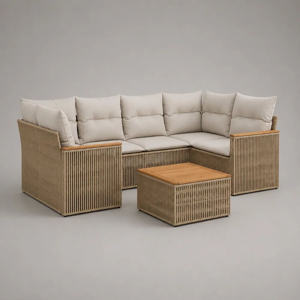 Set divano angolare da esterno a 5 posti in corda di poliestere e alluminio beige con cuscini avorio e tavolino, 225 x 225 x 76 cm
