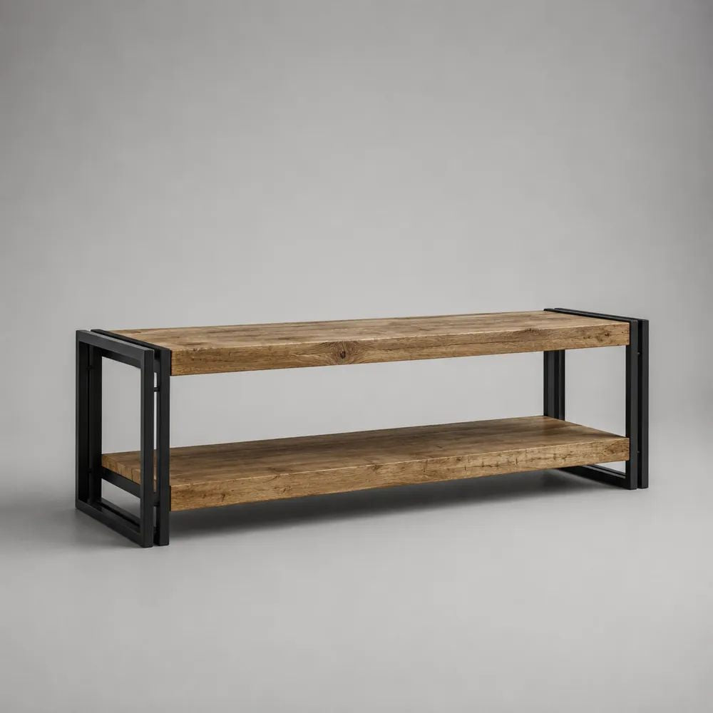 Tavolino da salotto rettangolare in legno e acciaio, marrone rovere e nero, 110 x 55 x 45 cm