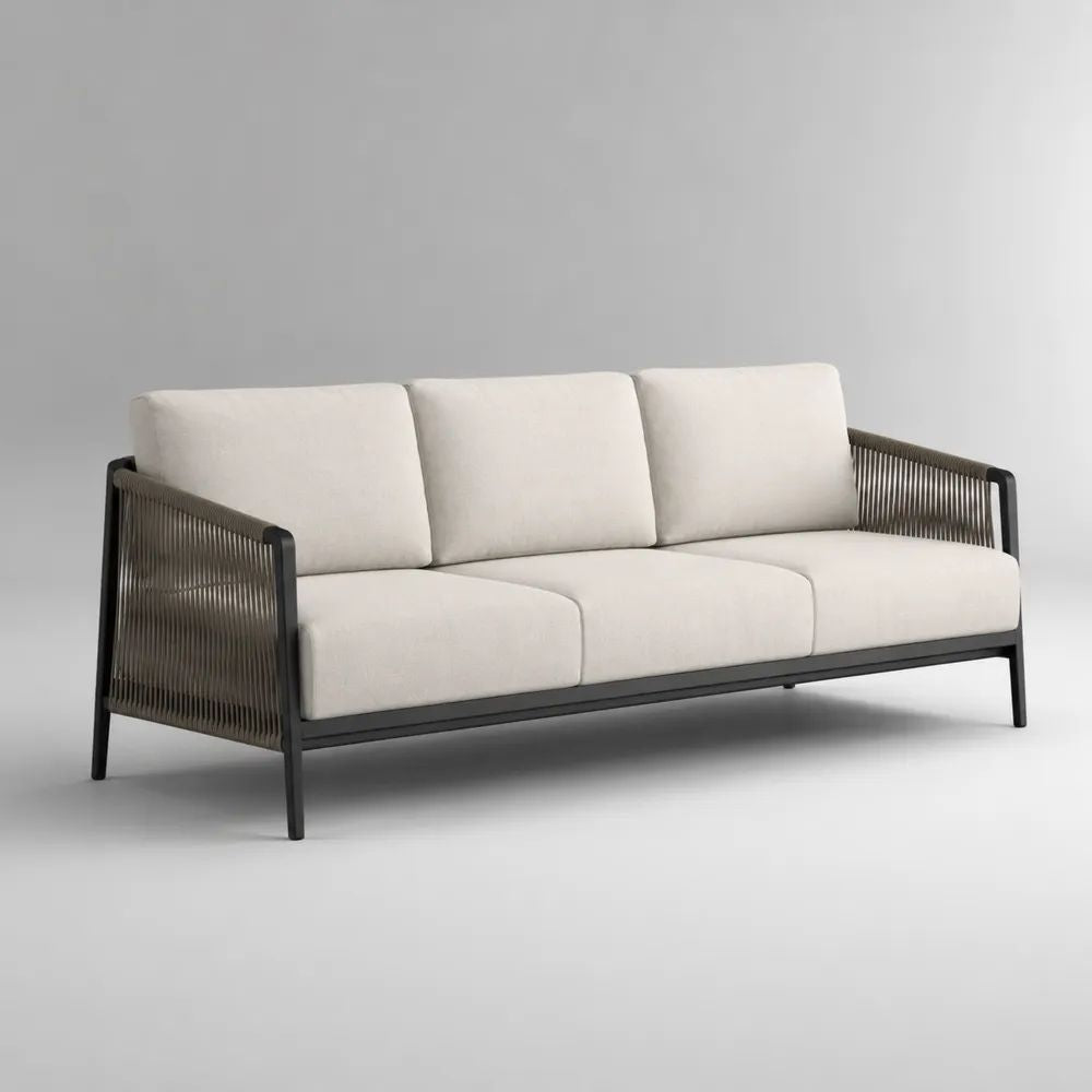 Divano da giardino a 3 posti bianco crema, antracite e tortora in alluminio con corda in poliestere, 202 x 80 x 78 cm