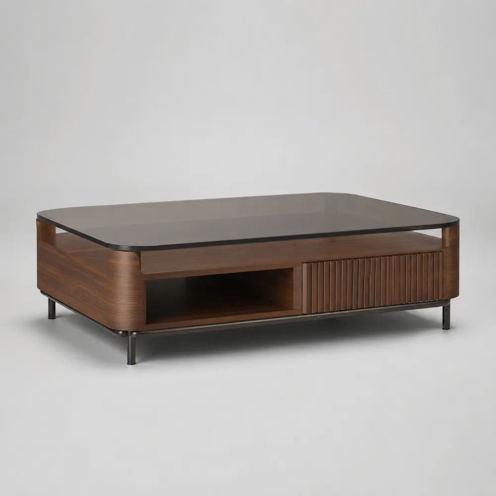 Tavolino da salotto rettangolare in MDF impiallacciato noce e vetro fumé, 120 x 70 x 40 cm