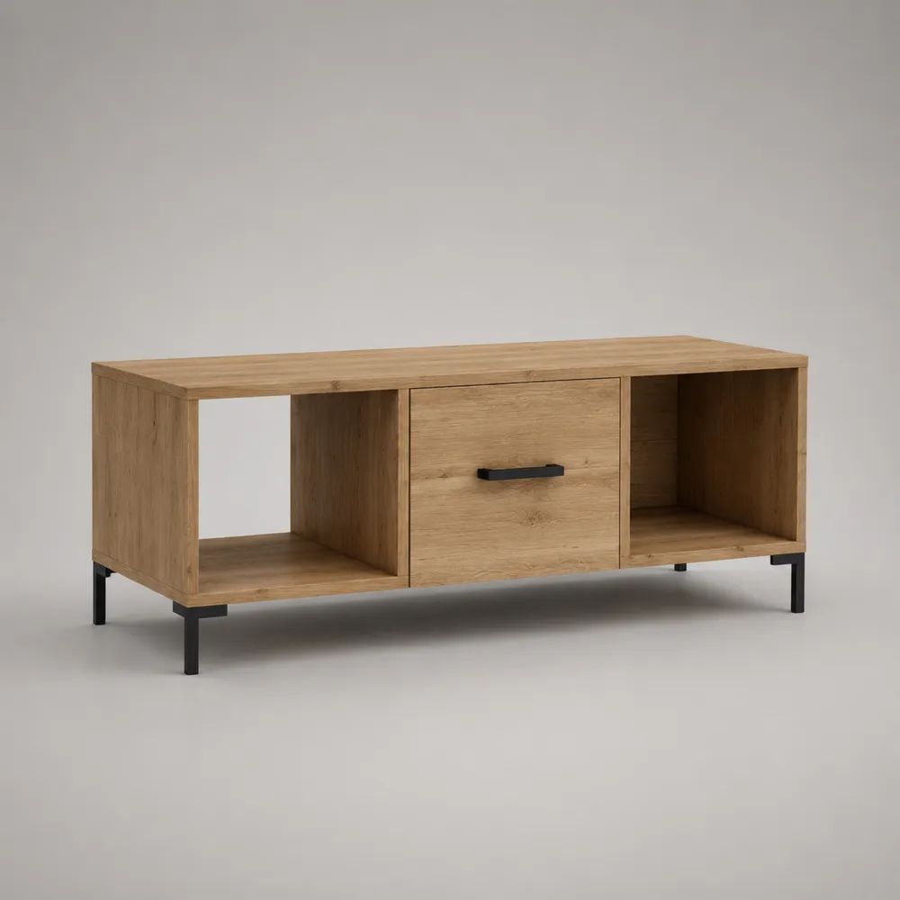 Tavolino da salotto rettangolare in truciolare melaminico e acciaio, rovere naturale e nero, 120 × 50 × 45 cm, con cassetto e 2 vani aperti