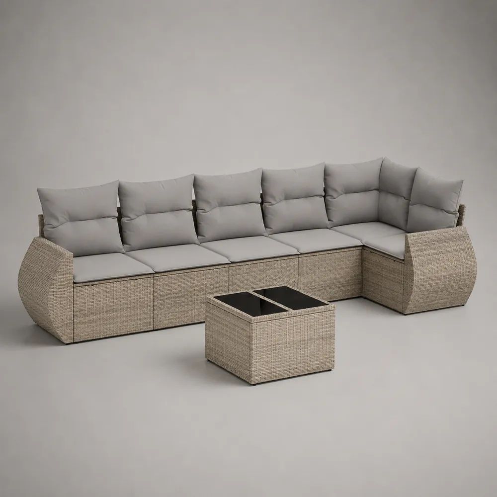 Set divano angolare da esterno a 6 posti con tavolino, beige e grigio chiaro, in rattan PE e acciaio, 345 x 210 x 84 cm