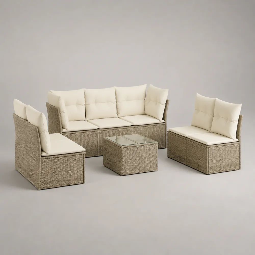 Set salotto da giardino 4 pezzi 6 posti beige in rattan PE e acciaio con cuscini crema, divani 182/122 x 65 x 73 cm, poltrona 65 x 65 x 73 cm e tavolino 60 x 60 x 35 cm