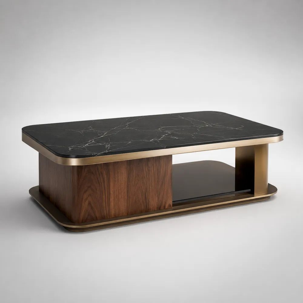 Tavolino rettangolare nero effetto marmo con ripiano, 120 x 60 x 45 cm, in pietra sinterizzata, MDF impiallacciato noce e acciaio inox dorato