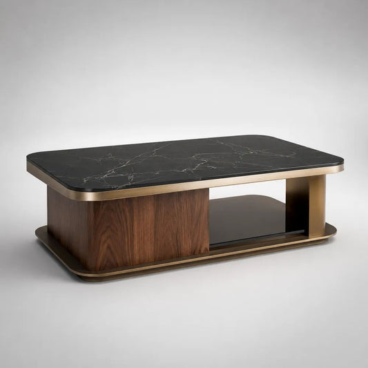 Tavolino rettangolare nero effetto marmo con ripiano, 120 x 60 x 45 cm, in pietra sinterizzata, MDF impiallacciato noce e acciaio inox dorato