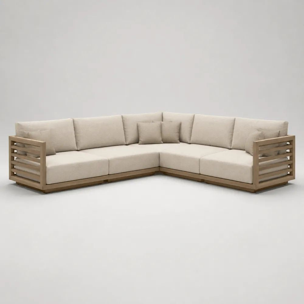 Divano angolare modulare da esterno a 5 posti beige e acacia naturale, 278 x 278 x 72 cm, con cuscini in poliestere