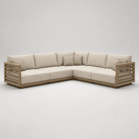 Divano angolare modulare da esterno a 5 posti beige e acacia naturale, 278 x 278 x 72 cm, con cuscini in poliestere
