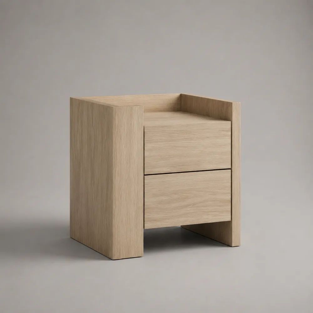 Comodino rettangolare in MDF impiallacciato con 2 cassetti, rovere naturale, 50 x 40 x 60 cm