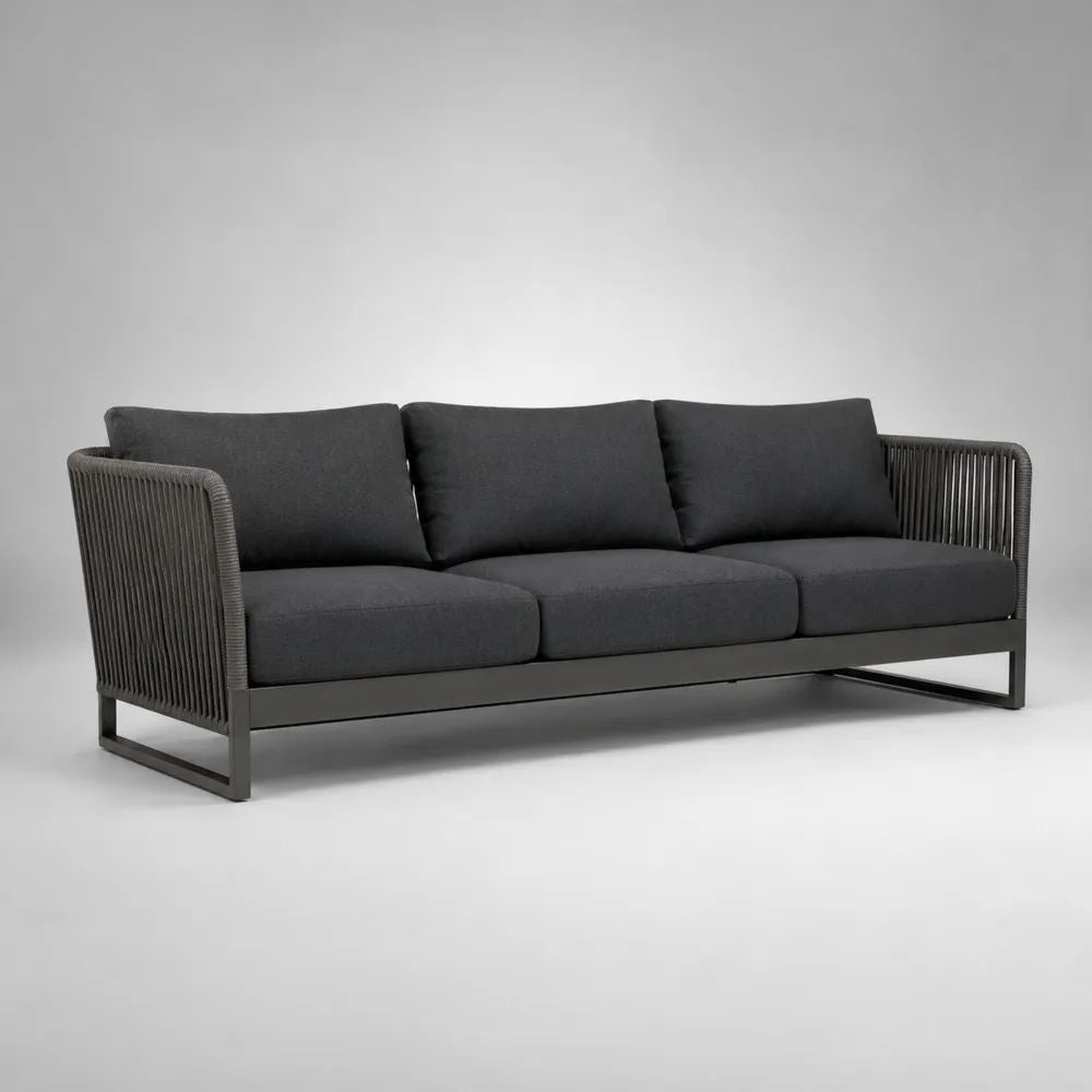 Divano da giardino a 3 posti grigio antracite in alluminio e corda di poliestere, 210 x 82 x 76 cm