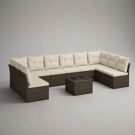Set divano modulare da esterno a U 8 posti con tavolino in rattan PE marrone scuro e cuscini crema, 320 x 210 x 74 cm