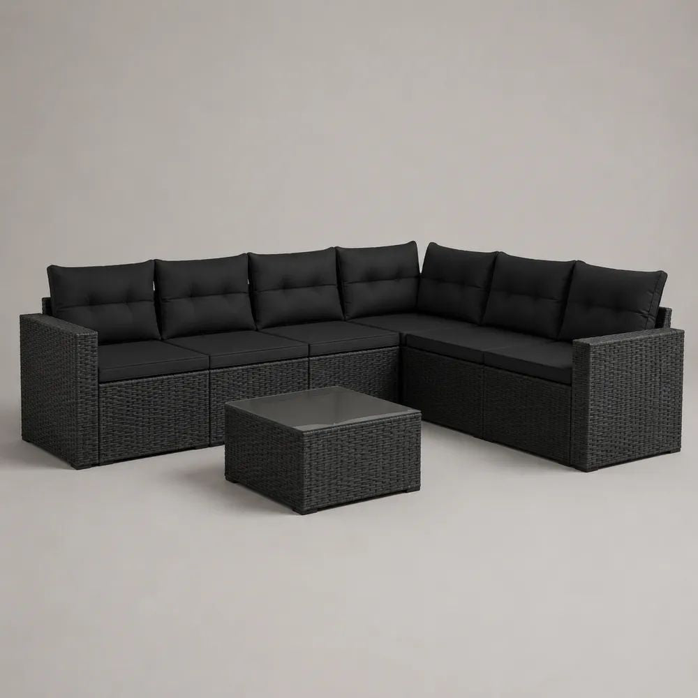 Salotto da giardino 7 pezzi in rattan sintetico con divano angolare modulare a 6 posti e tavolino, nero e grigio scuro, 252 x 194 x 72 cm