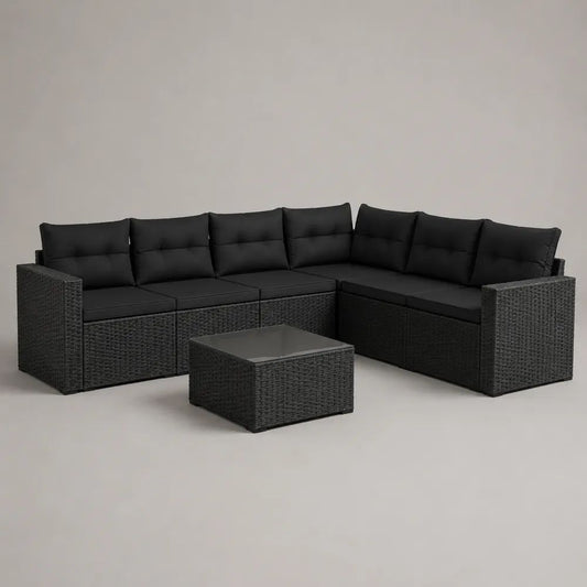 Salotto da giardino 7 pezzi in rattan sintetico con divano angolare modulare a 6 posti e tavolino, nero e grigio scuro, 252 x 194 x 72 cm