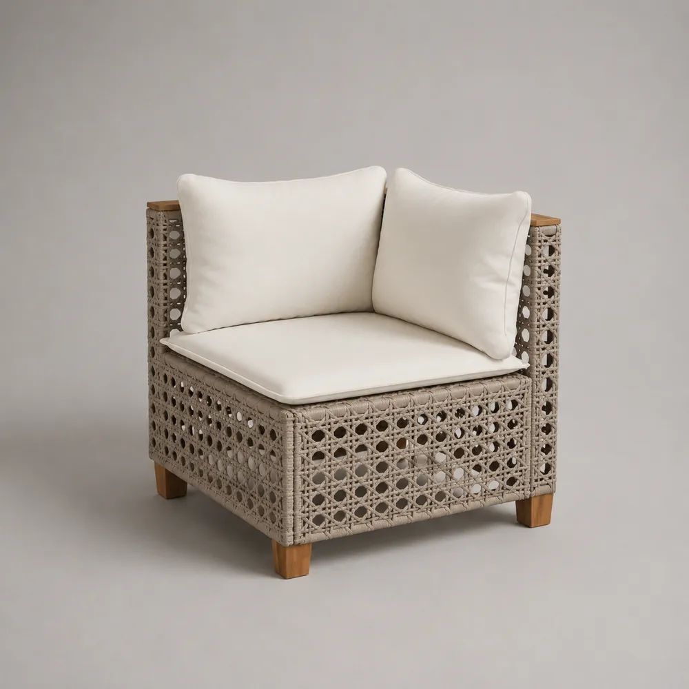 Modulo angolare per divano da giardino beige e crema 78 x 78 x 75 cm in corda di polipropilene e legno massello di acacia con cuscini