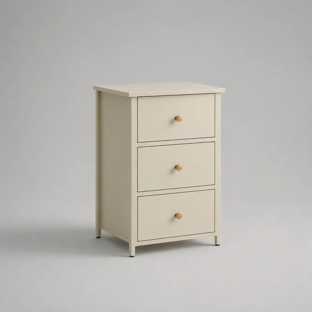 Comodino rettangolare crema e oro con 3 cassetti in MDF melaminico e acciaio verniciato, 45 × 40 × 70 cm