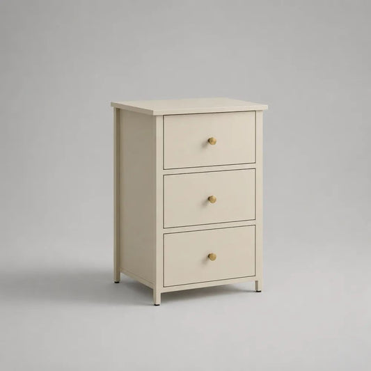 Comodino rettangolare crema e oro con 3 cassetti in MDF melaminico e acciaio verniciato, 45 × 40 × 70 cm