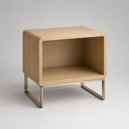 Comodino rettangolare in legno e metallo con vano aperto, rovere naturale e beige champagne, 45 x 35 x 50 cm