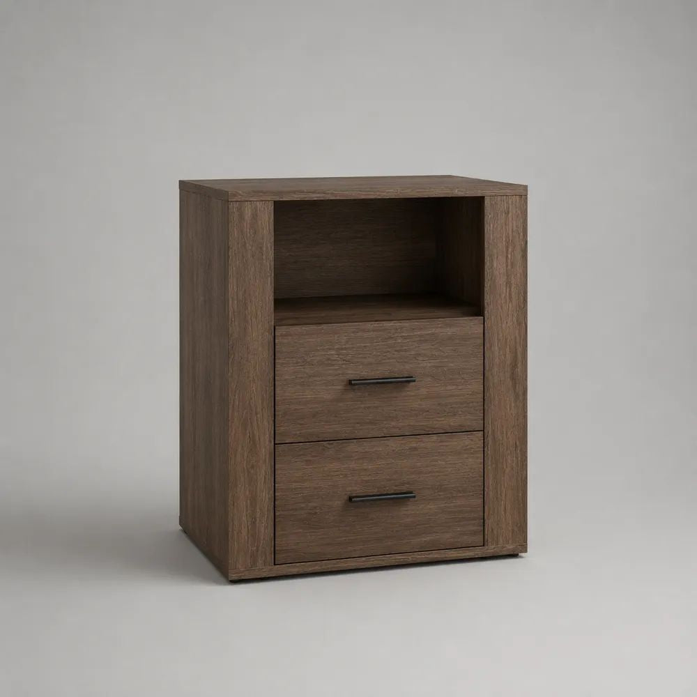 Comodino alto rettangolare marrone noce in truciolare melaminico con 2 cassetti e vano aperto, 50 x 40 x 65 cm
