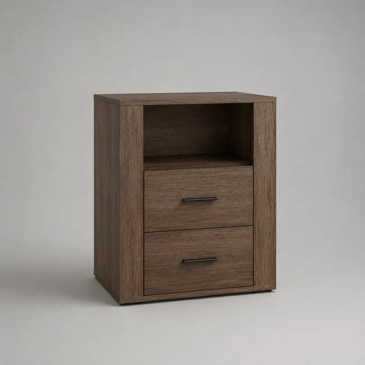 Comodino alto rettangolare marrone noce in truciolare melaminico con 2 cassetti e vano aperto, 50 x 40 x 65 cm