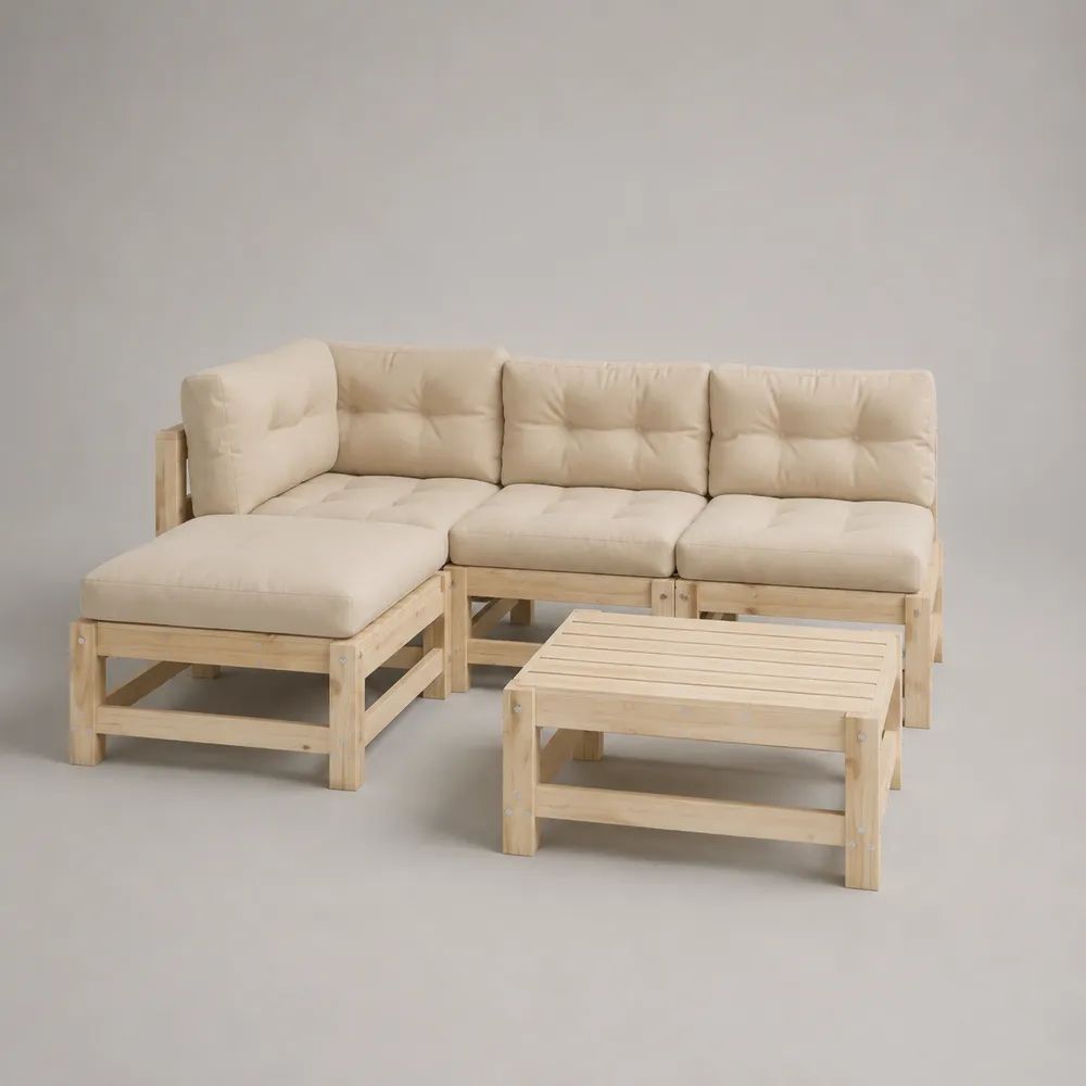 Set divano angolare da giardino 4 pezzi beige e legno naturale in pino massello e poliestere, 204 x 140 x 78 cm
