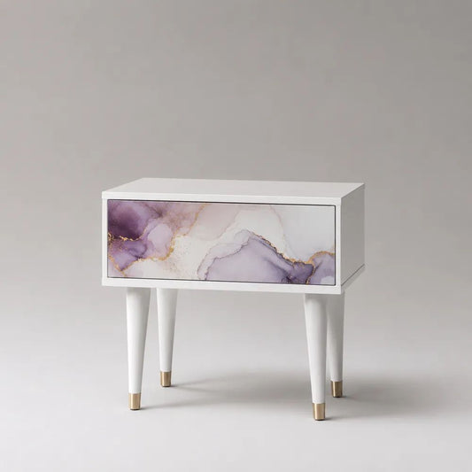 Comodino rettangolare in MDF con 1 cassetto, bianco, lilla, viola e oro, 50 x 35 x 55 cm