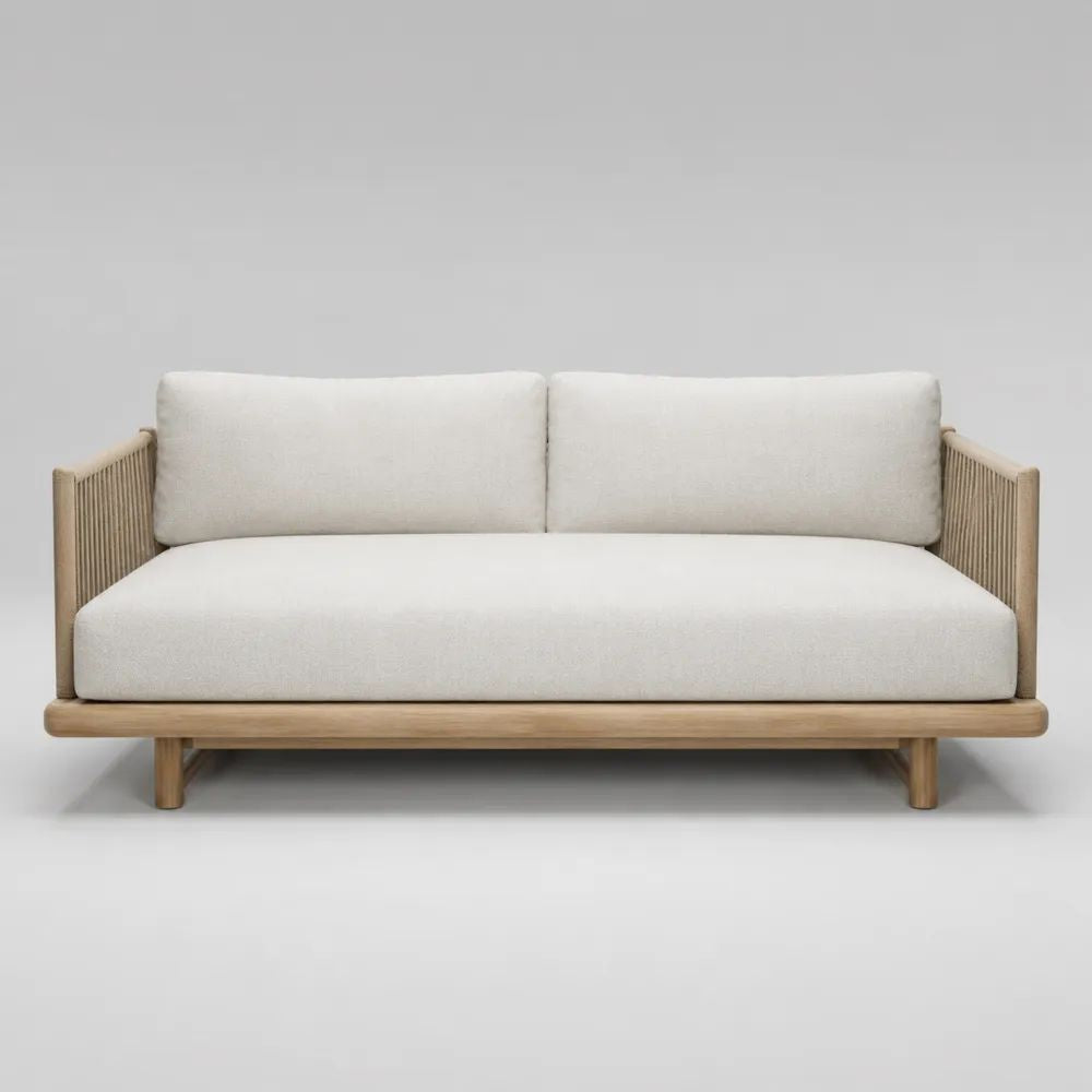 Divano da esterno a 2 posti beige e crema in legno, corda e tessuto, 180 x 82 x 76 cm