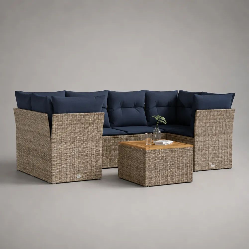 Set salotto da giardino a U 7 posti beige e blu navy in rattan PE con tavolino quadrato, 236 x 176 x 86 cm