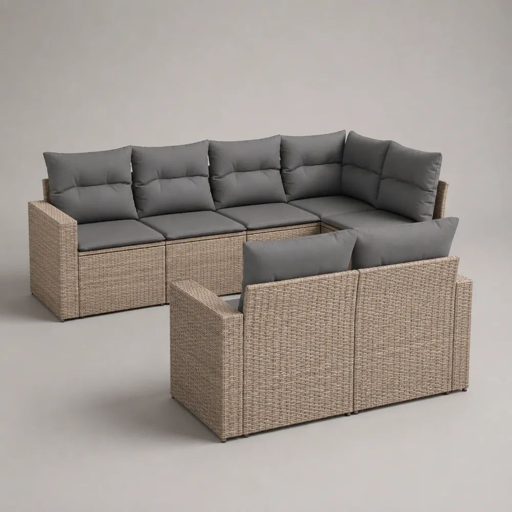 Set divano angolare modulare da esterno a 7 posti in polyrattan PE e acciaio, beige e grigio antracite, 288 x 144 x 73 cm