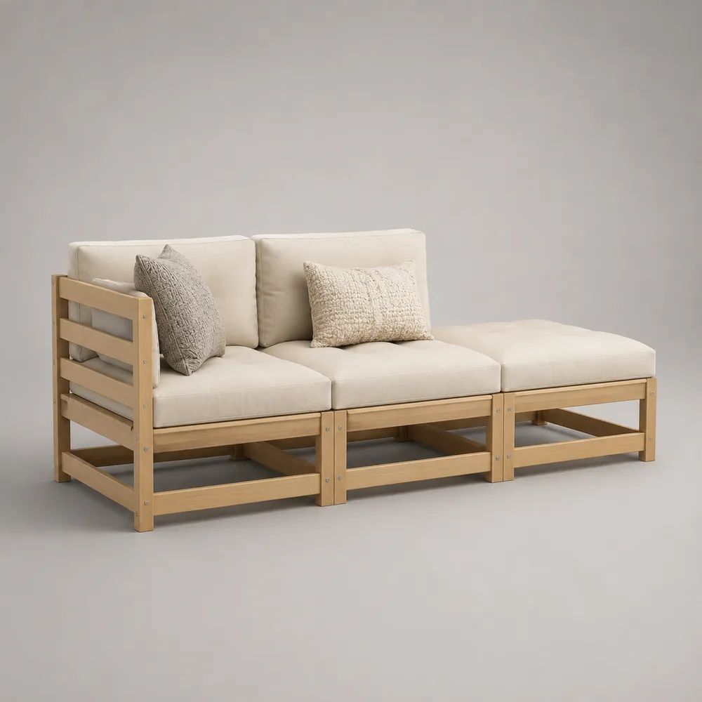 Salotto da giardino modulare a 3 pezzi in legno e tessuto, beige e legno naturale, 210 × 75 × 75 cm
