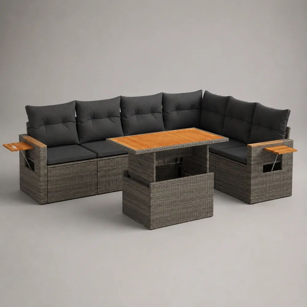 Set da giardino 4 elementi con divano angolare 6 posti in rattan grigio 236 x 236 cm, tavolo in legno 120 x 70 cm e 2 sgabelli