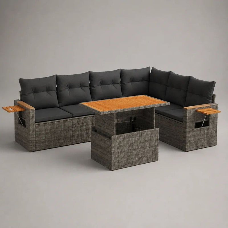 Set da giardino 4 elementi con divano angolare 6 posti in rattan grigio 236 x 236 cm, tavolo in legno 120 x 70 cm e 2 sgabelli