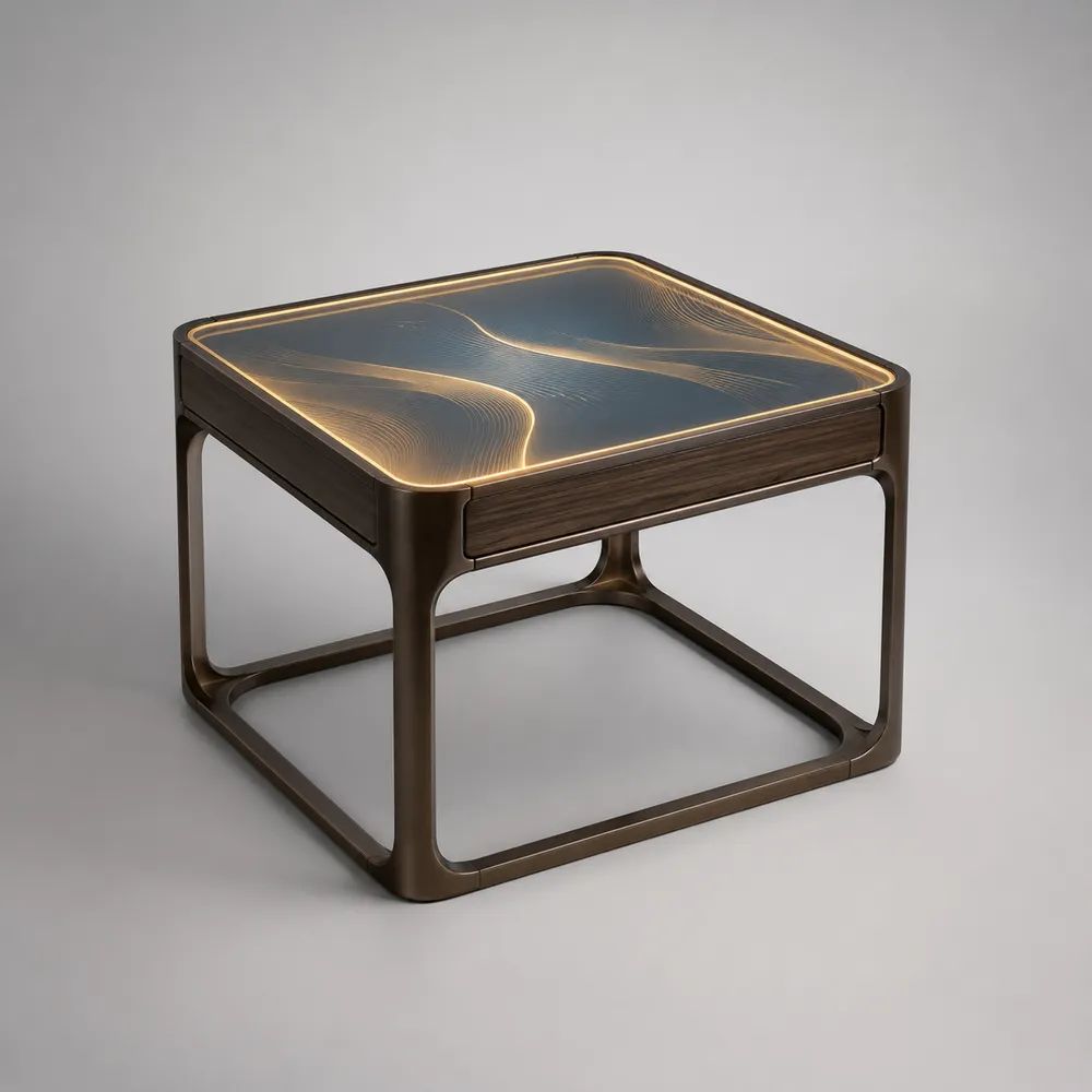 Tavolino da salotto quadrato marrone noce, bronzo, nero fumé e oro con piano in vetro temperato e illuminazione LED, 60 x 60 x 50 cm