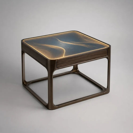 Tavolino da salotto quadrato marrone noce, bronzo, nero fumé e oro con piano in vetro temperato e illuminazione LED, 60 x 60 x 50 cm