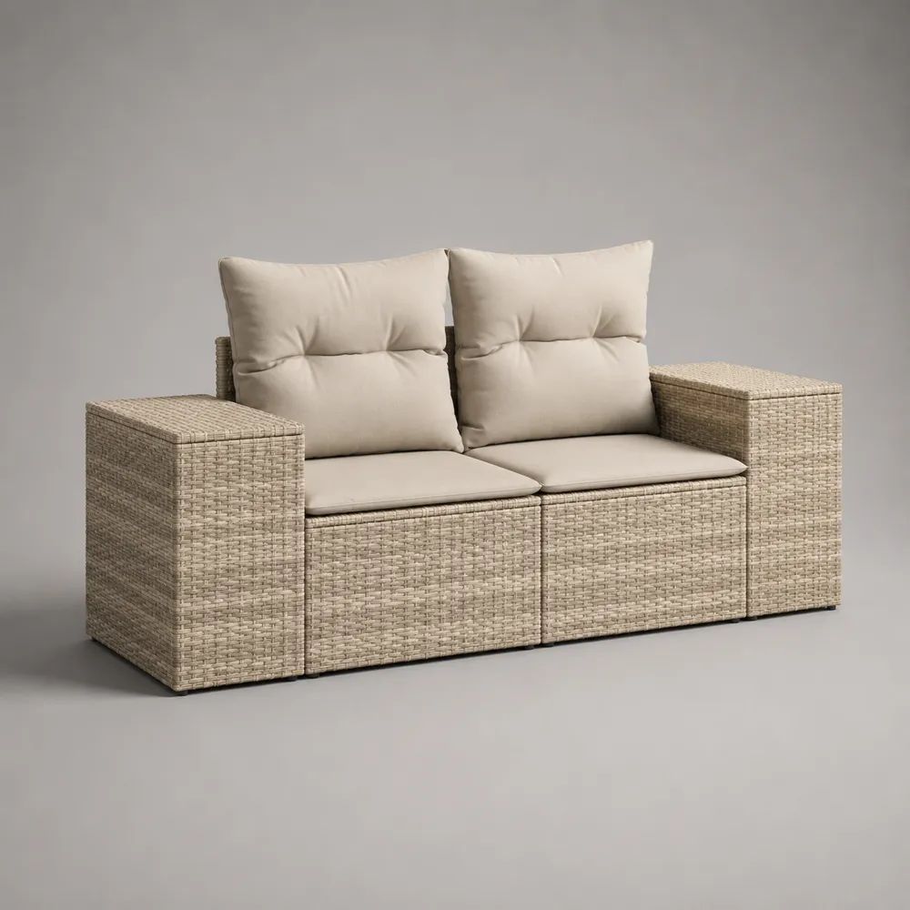 Divano da giardino a 2 posti beige, 176 × 68 × 79 cm, in polyrattan PE e acciaio con cuscini