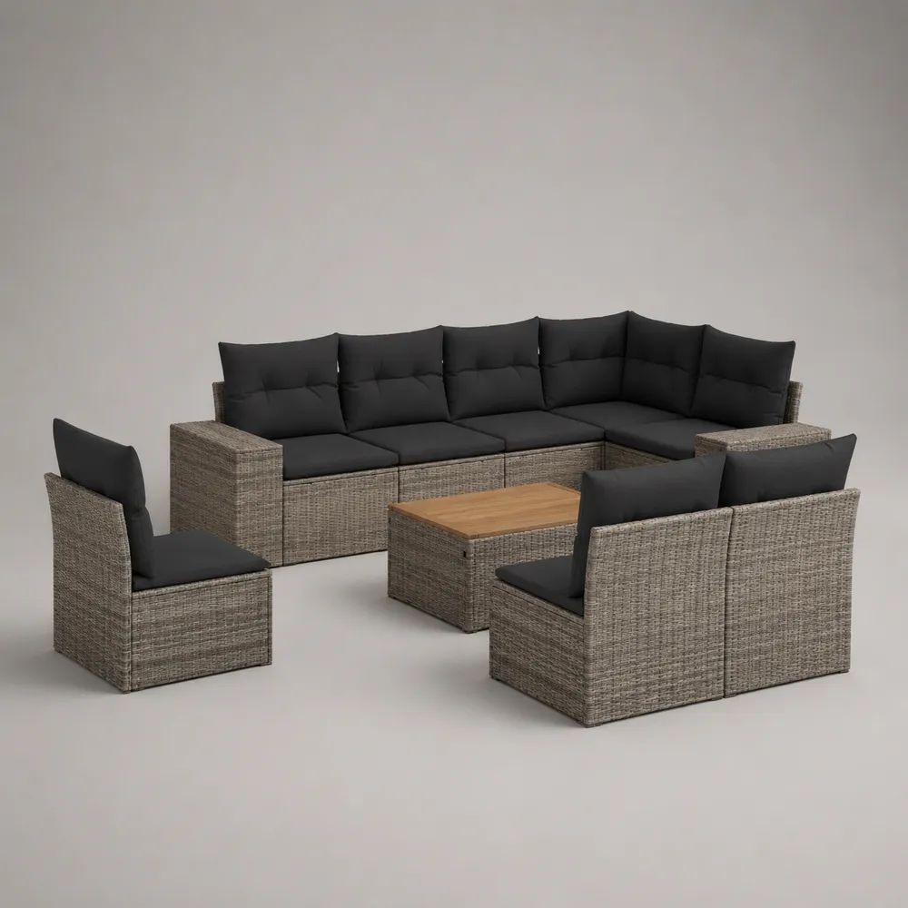 Salotto da giardino a 8 posti grigio tortora, nero e marrone naturale in rattan PE, divano angolare 250 x 190 x 75 cm e tavolino 70 x 45 x 40 cm