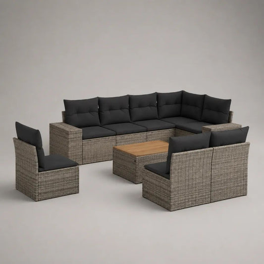 Salotto da giardino a 8 posti grigio tortora, nero e marrone naturale in rattan PE, divano angolare 250 x 190 x 75 cm e tavolino 70 x 45 x 40 cm