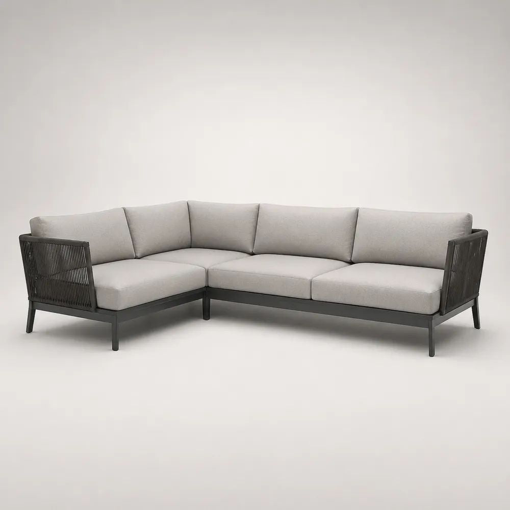 Divano angolare a L da esterno a 4 posti, grigio chiaro e antracite, in alluminio e tessuto, 240 x 180 x 74 cm