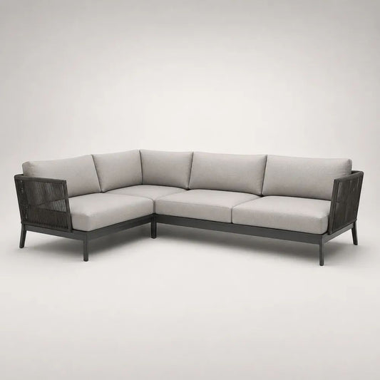 Divano angolare a L da esterno a 4 posti, grigio chiaro e antracite, in alluminio e tessuto, 240 x 180 x 74 cm