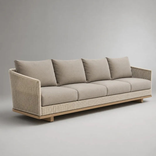 Divano da giardino lineare a 4 posti beige e legno naturale in corda di poliestere e acacia massello, 240 x 88 x 78 cm