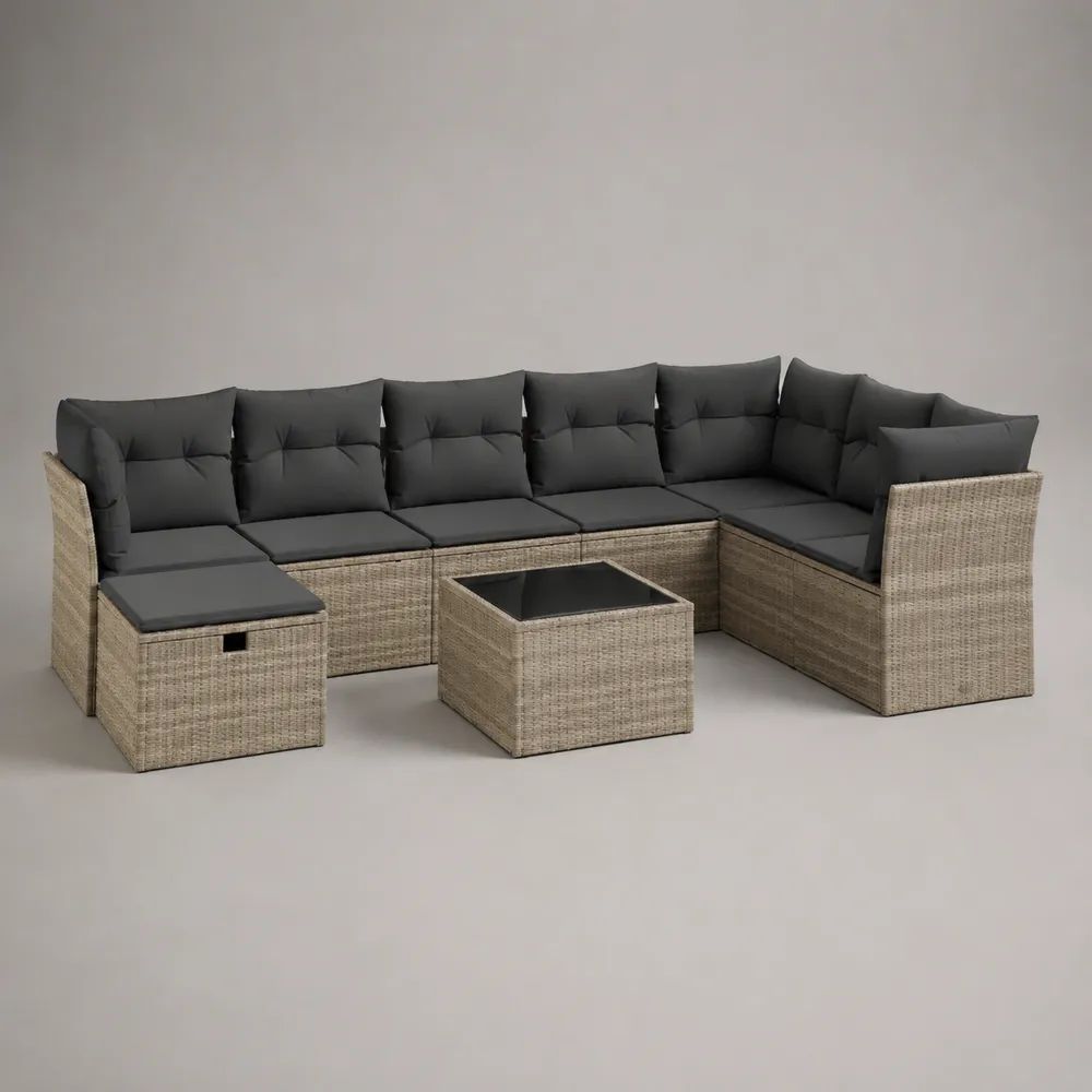 Set salotto angolare da giardino 3 pezzi per 8 persone in polyrattan, beige e antracite, 255 x 190 x 74 cm