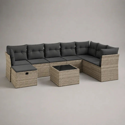 Set salotto angolare da giardino 3 pezzi per 8 persone in polyrattan, beige e antracite, 255 x 190 x 74 cm