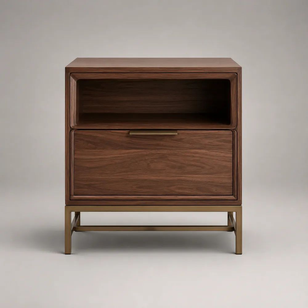 Comodino rettangolare in legno e metallo marrone noce e ottone con 1 cassetto e vano aperto, 50 x 40 x 60 cm