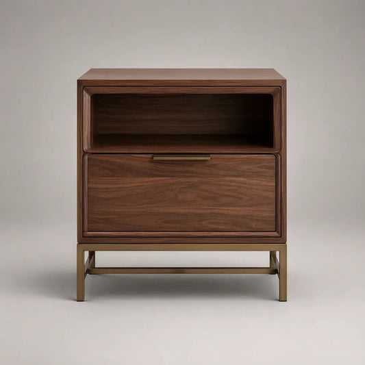 Comodino rettangolare in legno e metallo marrone noce e ottone con 1 cassetto e vano aperto, 50 x 40 x 60 cm