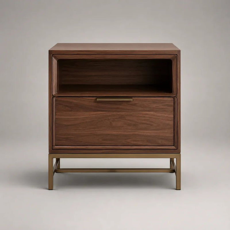 Comodino rettangolare in legno e metallo marrone noce e ottone con 1 cassetto e vano aperto, 50 x 40 x 60 cm