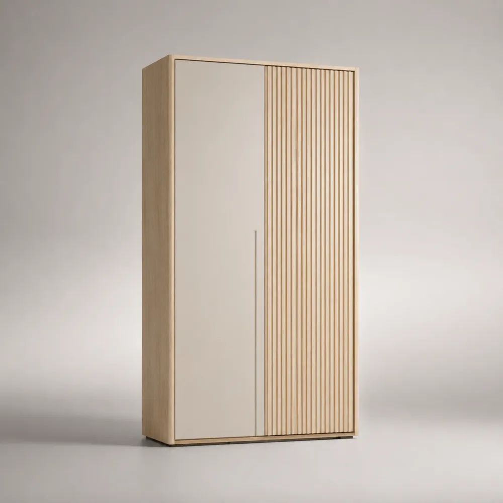 Armadio rettangolare a 2 ante battenti beige e rovere naturale con frontale scanalato in MDF, 100 x 52 x 200 cm